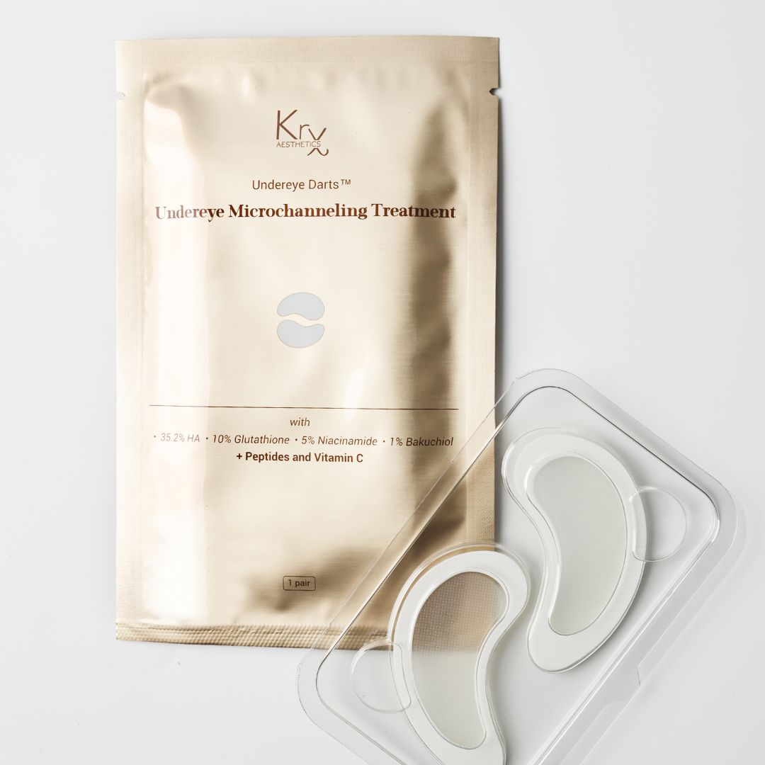 Kryx undereye microchanneling treatment package with patches on a light gray background