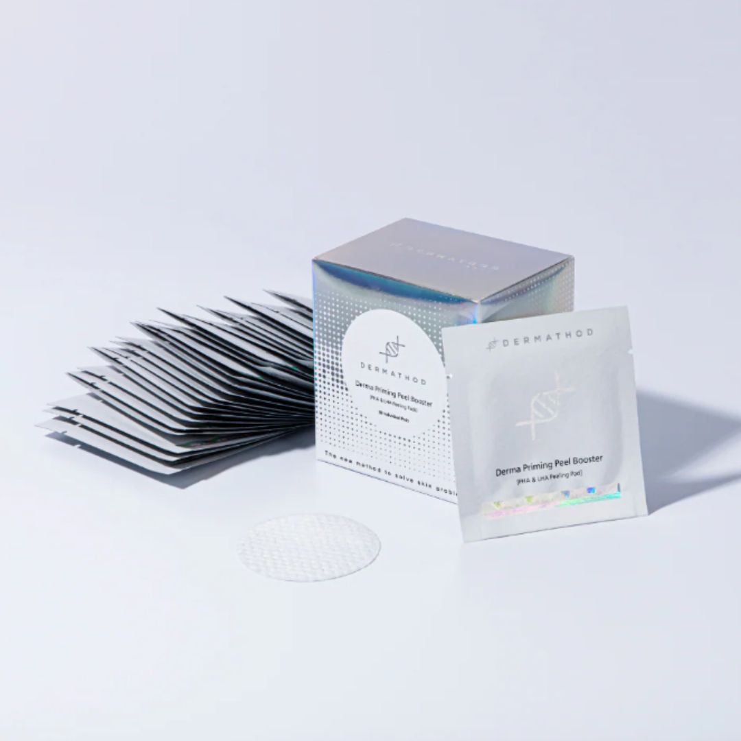 Packaging of Derma-Pruning Peel Booster with peeling pads on a light gray background