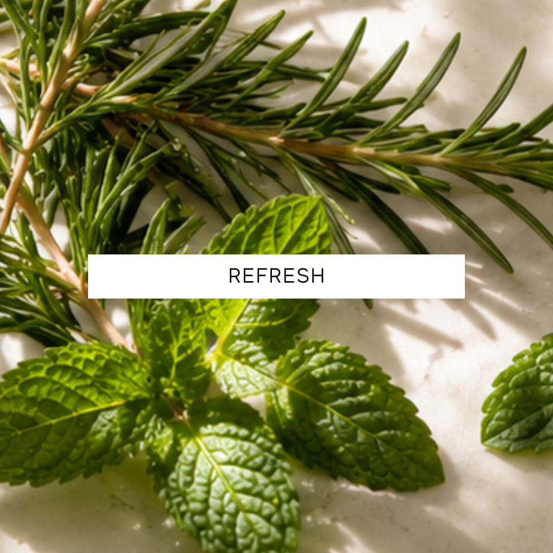 Fresh green herbs on a light background with 'REFRESH' text overlay