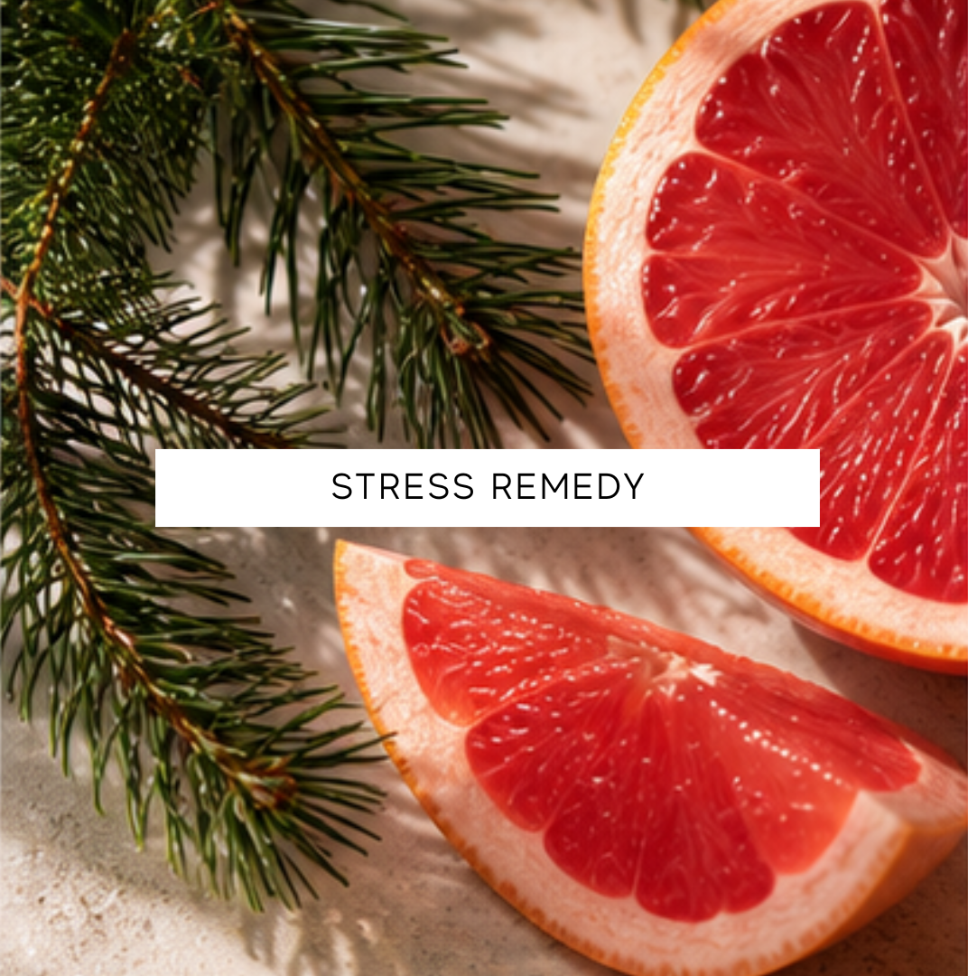 Sliced grapefruit with a branch on a textured surface, labeled 'STRESS REMEDY'.