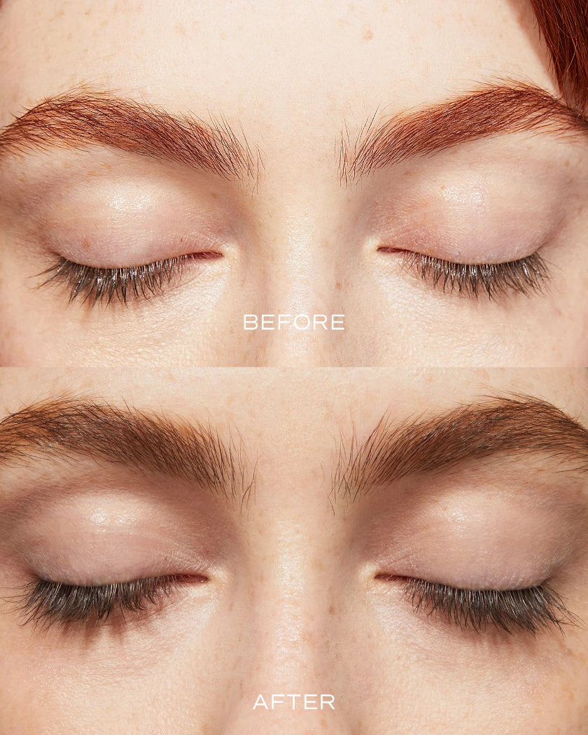 Before and after comparison of eyebrow grooming on a close-up of a person's eyes.