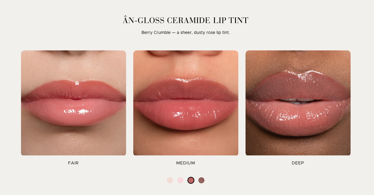 Lip tint shades on lips with color swatches labeled 'Fair', 'Medium', and 'Deep'.
