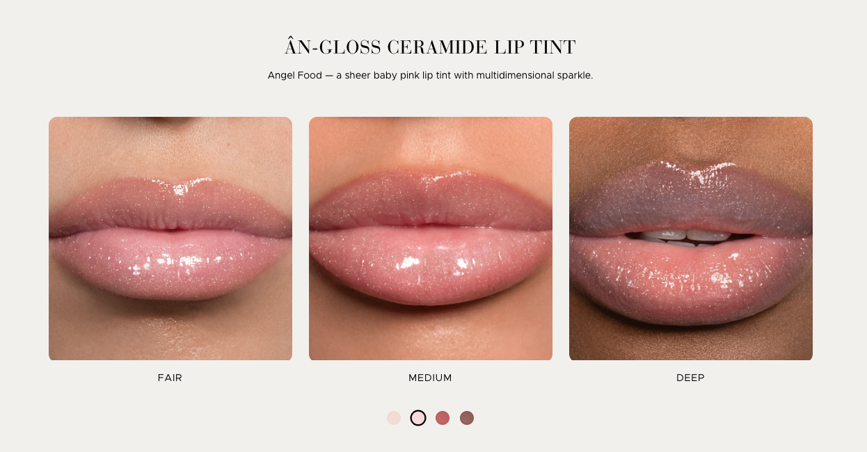 Lip tint color swatches labeled 'Fair', 'Medium', and 'Deep' on a beige background.