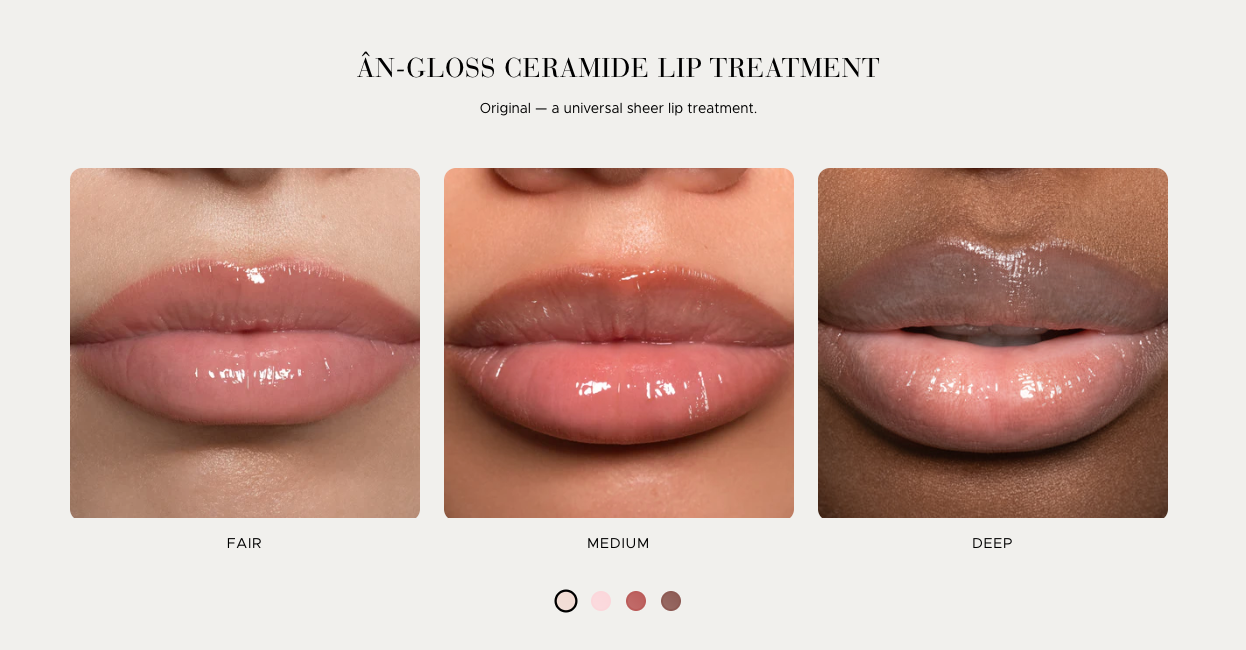 Lip gloss treatment showing different shades on lips with a neutral background.