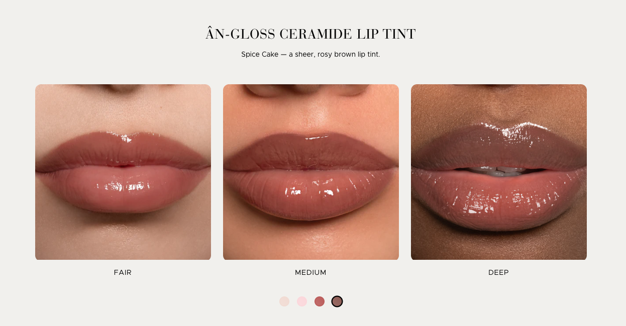 Lip tint shades on lips with labels for fair, medium, and deep