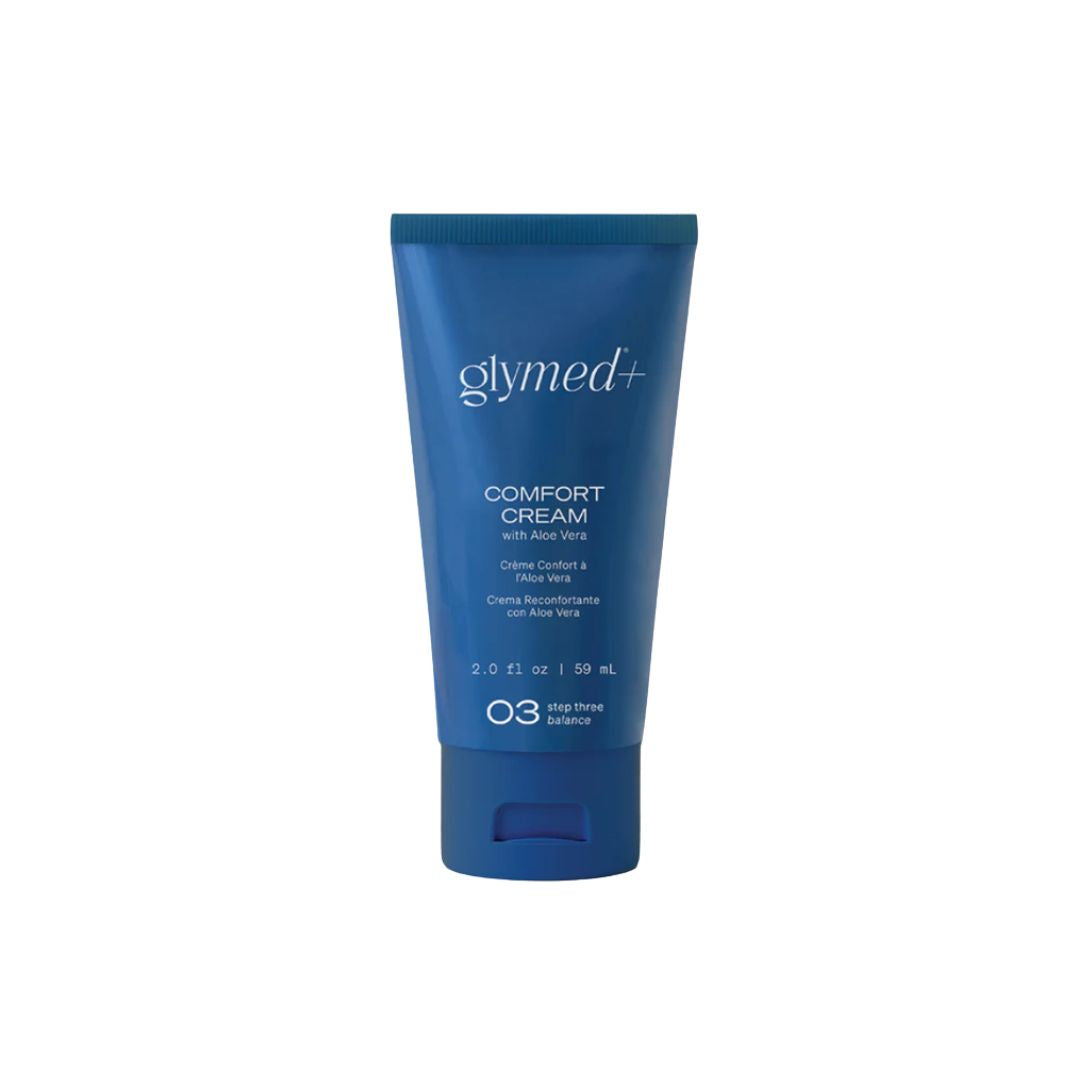 Blue tube of glymed+ Comfort Cream on a white background