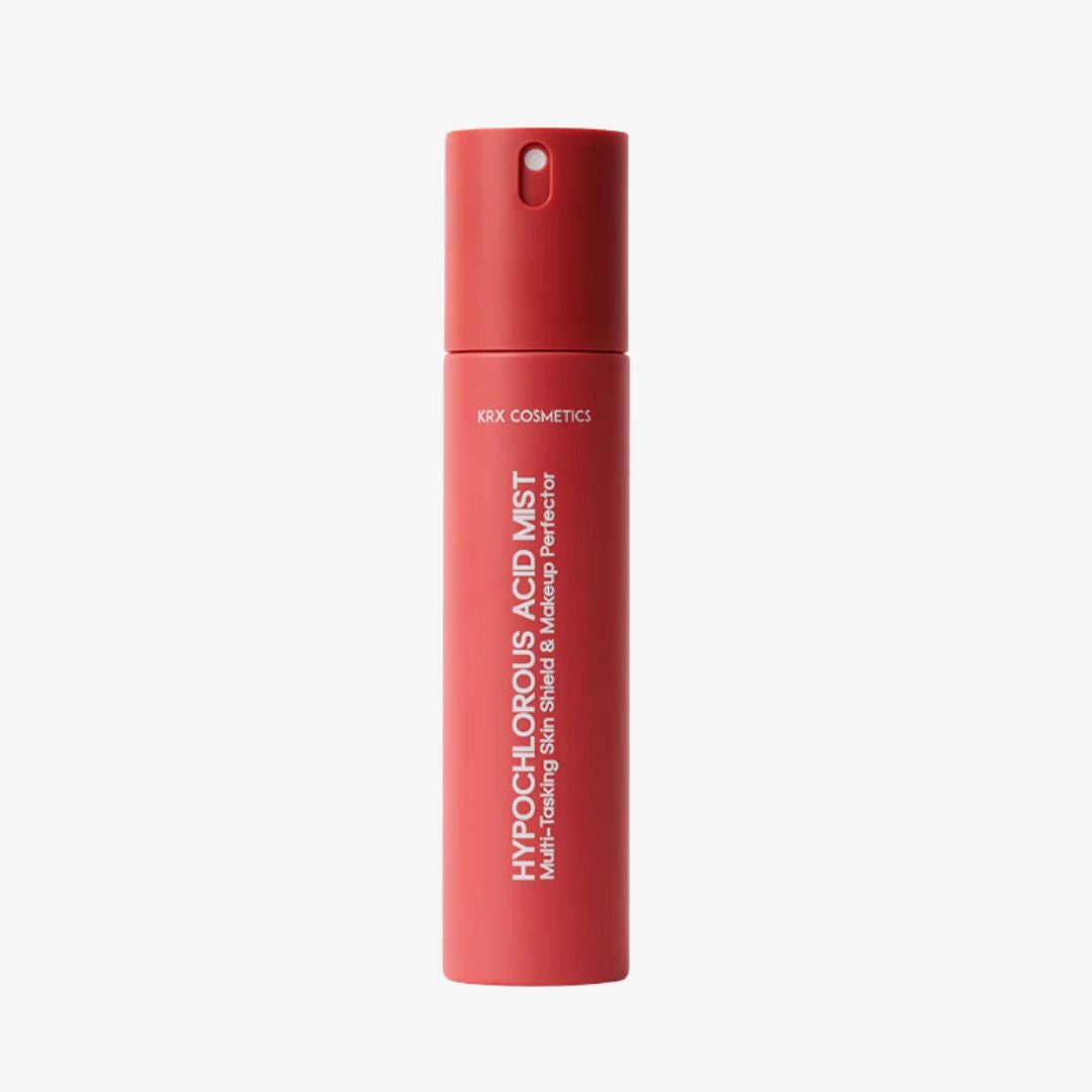 Red cosmetic bottle with text on a white background