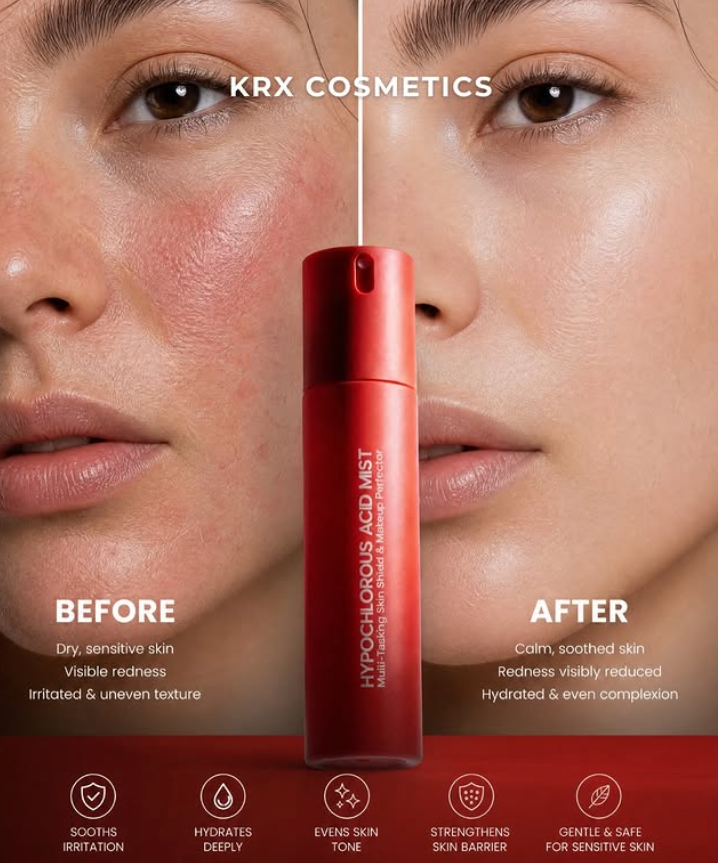KRX Cosmetics product showing before and after effects on skin with a red bottle.