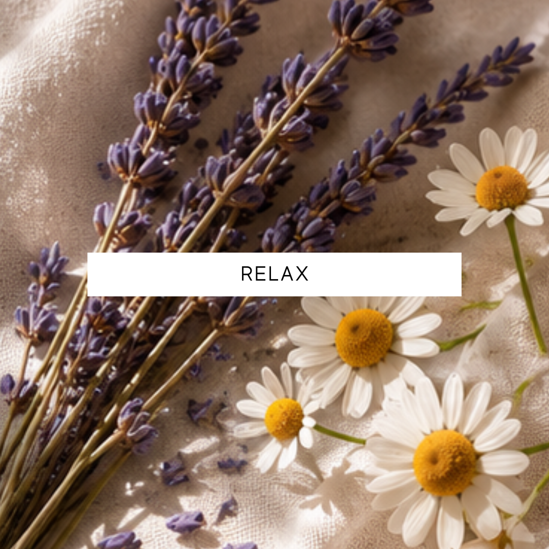 Lavender and daisies with a 'RELAX' text overlay on a textured background